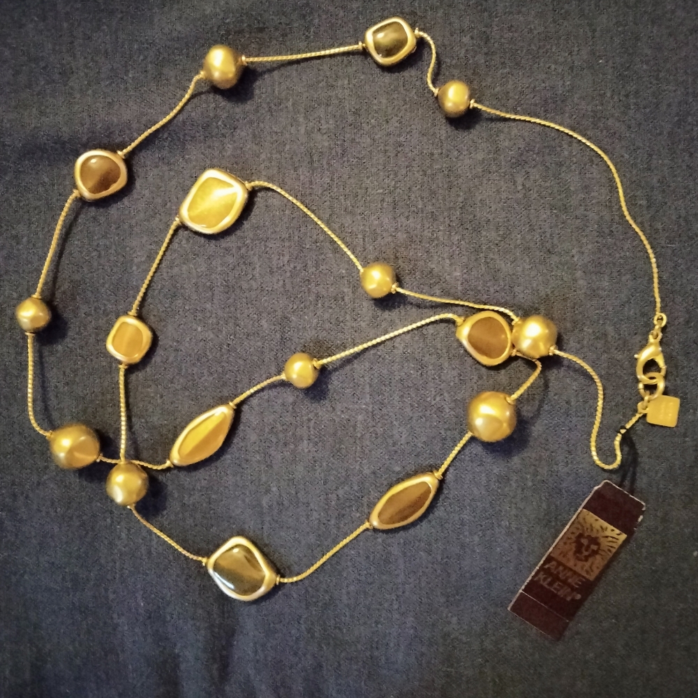 vintage ANNE KLEIN brushed matte gold scatter station necklace tiger-eye enamel